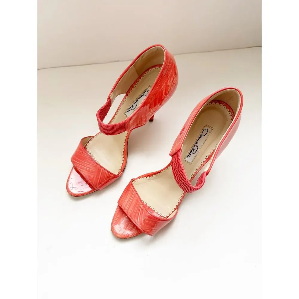 Oscar de la Renta Pumps Coral Patent Leather Orange Sandals Shoes 38.5
